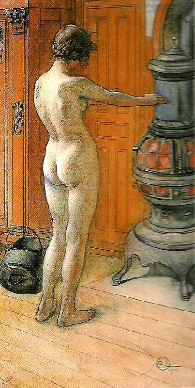 Carl Larsson leontine staende , naken rygg- naken flicka framfor kamin- framfor kaminen oil painting image